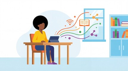 A woman sits at a desk using a tablet with colorful icons representing knowledge. This scene depicts digital literacy and remote learning for educational projects.