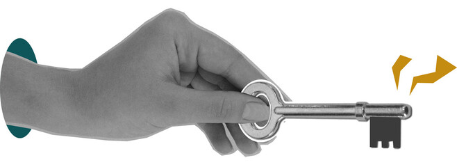 Hand hold key lock art collage