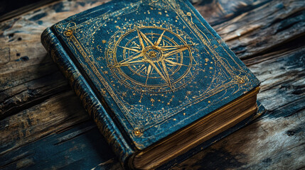 Vintage mystical journal with astrology symbols on cover, esoteric book concept with cosmic and celestial design, magical atmosphere, copy space