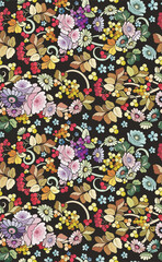 Vector floral seamless ornamental hohloma wallpaper with flowers and berries in Slavic style. Great for cards, fabric, textile, paper, background, decor. Traditional Eastern and Oriental folk motifs.