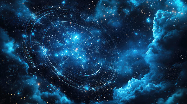 Zodiac wheel spinning on starry night sky, mystical astrology concept with horoscope and star signs, cosmic background, copy space