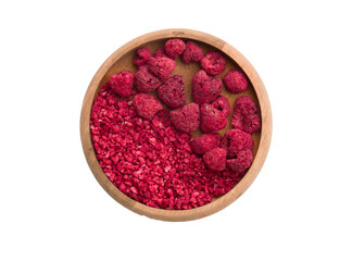 a bowl with dried raspberries freeze-dried on a white background
