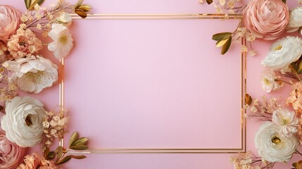 Premium background of powder-pink colour with golden thin frame in center and blossom flowers in corners