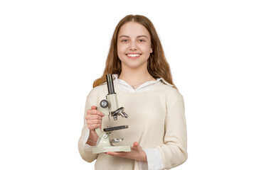 Microscope research. Science lab. School biology girl hold microscope. Student of biology. Back to school. Teen girl with microscope isolated on white. Biology science for schoolgirl
