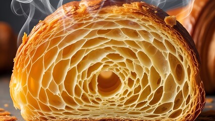 Close-up of flaky croissant layers cut open. Focus on buttery texture and steam.