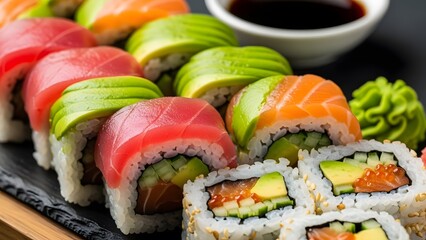 Close-up of sushi rolls with gleaming raw fish and vibrant nori. Focus on precise cut.
