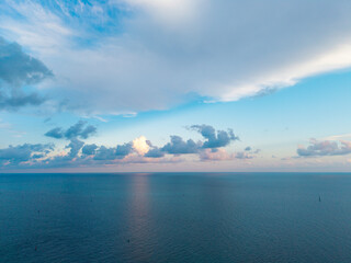 Sea sunrise on ocean beach. Sunset seascape at summer vacation. Horizon with sea cloudy sky. Calm horizon at sea. Romantic summer vacation seascape. Seascape horizon paradise