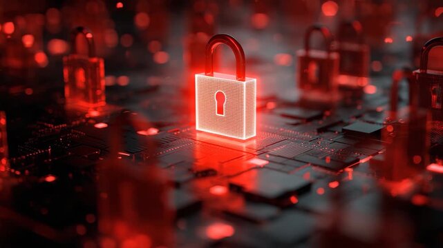 Cybersecurity concept with red padlocks and digital, Cybersecurity concept featuring red padlocks and digital data, representing protection and safety