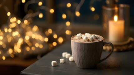 Atmospheric warm hot chocolate with marshmallows and fairy light bokeh