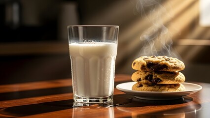 Fresh baked chocolate cookies and white glass of milk for sweet breakfast dessert snack