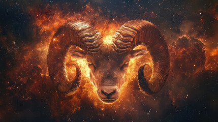 Aries ram head emerging from cosmic fiery nebula, representing the powerful zodiac sign and celestial constellation, glowing with intense energy in deep space