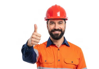 Construction worker wearing orange safety vest and red hard hat giving a thumbs up gesture isolated on transparent background