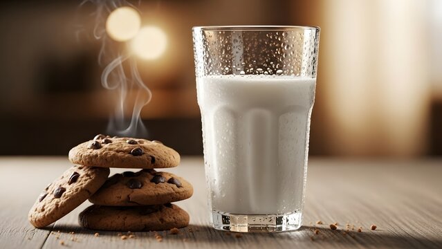 Fresh baked chocolate cookies and white glass of milk for sweet breakfast dessert snack - Powered by Adobe