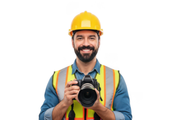 A smiling construction worker wearing a yellow hard hat and reflective vest holds a professional camera isolated on transparent background