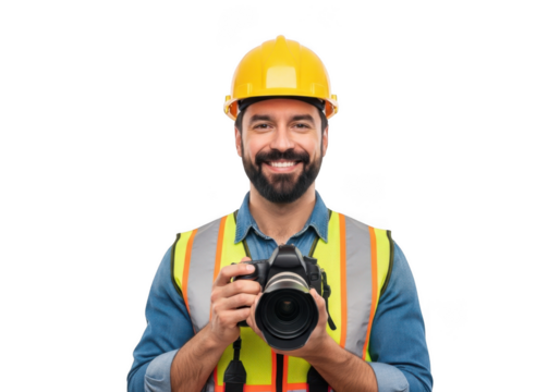 A smiling construction worker wearing a yellow hard hat and reflective vest holds a professional camera isolated on transparent background - Powered by Adobe
