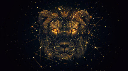 Leo zodiac constellation in minimal line art style, created with thin golden lines on black background, elegant modern astrology design highlighting celestial beauty with copy space for text