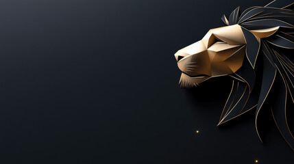 Leo zodiac sign illustrated in golden glowing style with majestic lion head, surrounded by stars and constellations on dark cosmic background, mystical astrology design with copy space for text