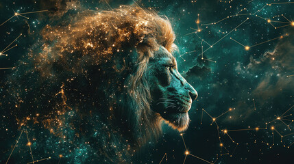 Lion's head, representing the Leo zodiac sign, emerging from a green and gold cosmic nebula, gazing across a starry night populated by glowing constellations within the vast universe