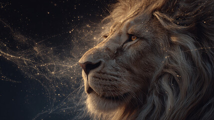 Leo zodiac sign illustrated in golden glowing style with majestic lion head, surrounded by stars and constellations on dark cosmic background, mystical astrology design with copy space for text