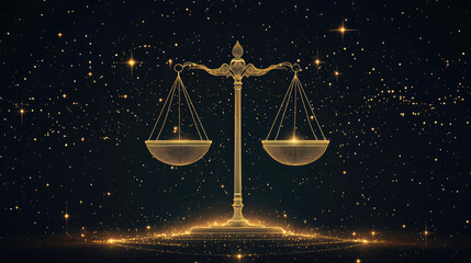 Libra zodiac constellation in minimal line art style, thin golden lines forming scales shape on dark background, modern mystical astrology design with elegant celestial elements and copy space