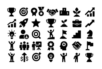 Obraz premium Business growth and success icons: black silhouettes for achievements and innovation