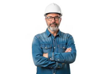 Mature bearded construction worker wearing safety helmet and denim shirt with arms crossed isolated on transparent background