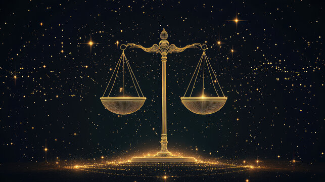 Libra zodiac constellation in minimal line art style, thin golden lines forming scales shape on dark background, modern mystical astrology design with elegant celestial elements and copy space - Powered by Adobe