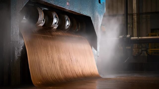 Medium shot showing mechanical brushing of rolled copper surface effectively eliminating tough oxide layers during mill scale cleaning process