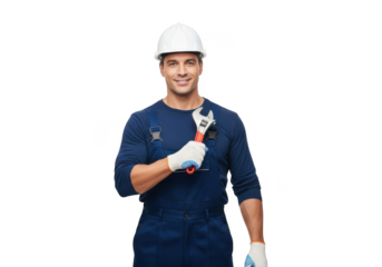 A smiling male construction worker wearing a white hard hat and blue uniform holding a wrench isolated on transparent background