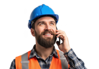 A smiling bearded construction worker wearing a blue hard hat and orange safety vest talks on his mobile phone isolated on transparent background