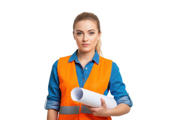 Professional female construction worker holding blueprints and wearing safety vest isolated on transparent background