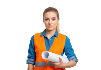 Professional female construction worker holding blueprints and wearing safety vest isolated on transparent background