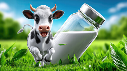 Happy cartoon cow with expressive face running in vivid green grass beside a big glass bottle containing fresh milk, promoting natural and healthy dairy farming