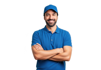 A smiling male delivery person wearing a blue uniform and cap with arms crossed isolated on transparent background
