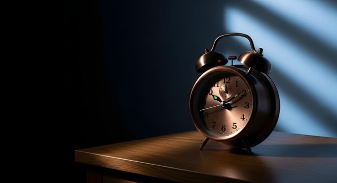 A classic alarm clock illuminated by soft light at 3am on a nightstand, symbolizing a crucial wake-up call concept for new beginnings