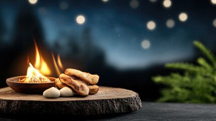 Traditional Lohri bonfire with offerings in wooden bowls, warm glowing flames under starry night sky, copy space,
