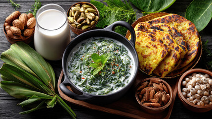 Traditional Lohri festival feast displaying classic Punjabi dishes including freshly made makki di roti, sarson da saag, nuts, and a healthy green juice, celebrating winter harvest traditions