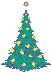 Christmas tree with star ornaments illustration. Hand drawn evergreen pine tree for Season greetings.