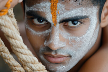 Participant with face covered in ash and rope around waist celebrating playful Lohri tradition, festive cultural ritual, copy space