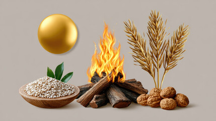 Bonfire burning brightly with people dancing in silhouetted forms, creating a warm ambiance and representing the joy and community spirit of a traditional harvest festival