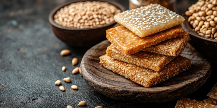 Traditional Indian Lohri festival flat lay showcasing roasted popcorn, sesame seeds, and jaggery coated delicacies, representing the auspicious winter harvest celebration and cultural offerings