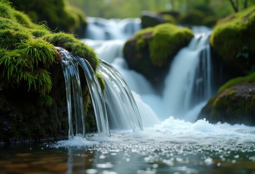 Cascading Waterfall Over Mossy Stones Delicate Flow Creation Bright Atmosphere Tranquil Wonder