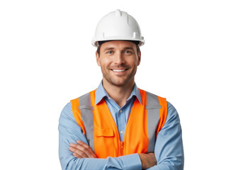 Smiling construction worker wearing a white hard hat and orange safety vest with arms crossed isolated on transparent background