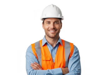 Smiling construction worker wearing a white hard hat and orange safety vest with arms crossed isolated on transparent background
