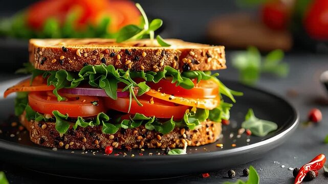 A fresh vegetarian sandwich made with multigrain bread, lettuce, tomatoes, onions, and greens, presented as a colorful and healthy meal.
