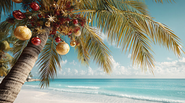 A coconut palm tree on a Cuban beach, decorated with vibrant red and gold Christmas ornaments, large shiny balls, tinsel garlands, a big star on top, bright sunny day, turquoise ocean in background