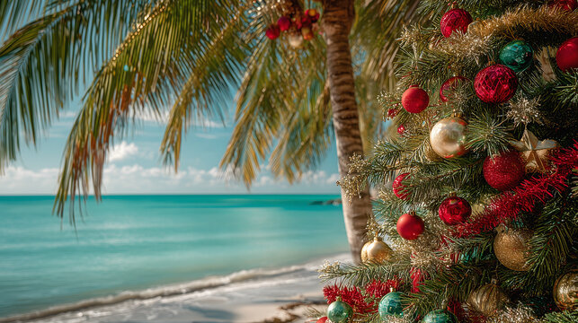 A coconut palm tree on a Cuban beach, decorated with vibrant red and gold Christmas ornaments, large shiny balls, tinsel garlands, a big star on top, bright sunny day, turquoise ocean in background