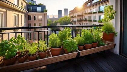 photo of a cozy balcony in big city growing vegetables and herbs
