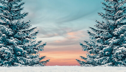 Beautiful winter landscape with snow-covered pine trees framing a pastel sunset sky. Festive Christmas holiday background for invitations or templates. Serene and magical snowy forest scene.