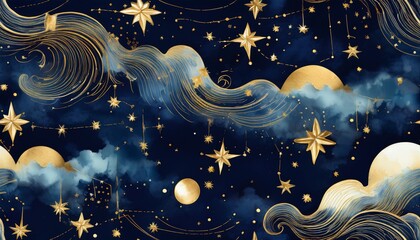 seamless celestial night sky pattern with delicate gold foil stars and clouds in watercolor textures featuring constellations on a dark blue background